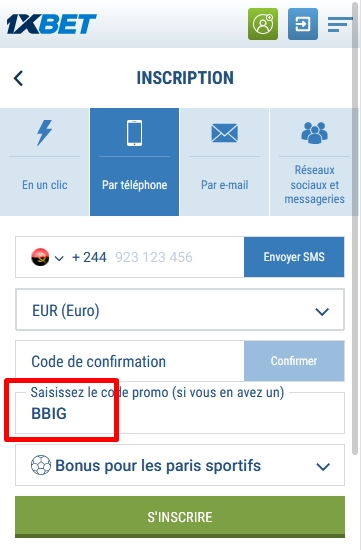 Formulaire d'inscription à 1xbet