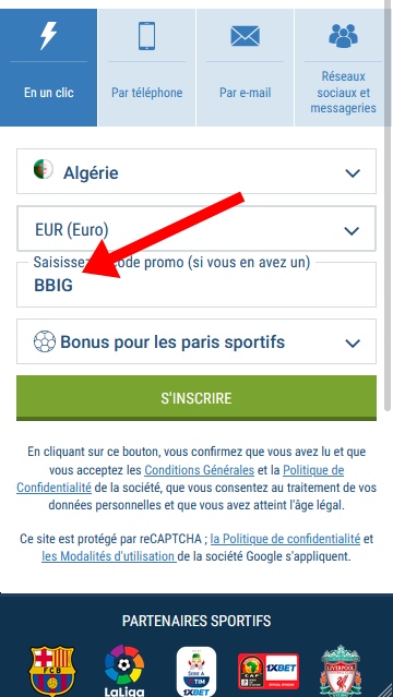 Formulaire d'inscription à 1xbet