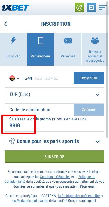 Formulaire d'inscription à 1xbet