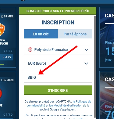 Formulaire d'inscription à 1xbet