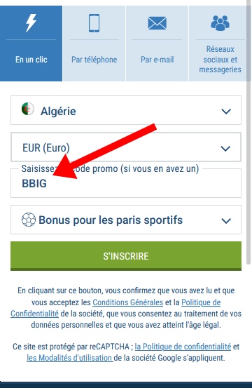 Formulaire d'inscription à 1xbet