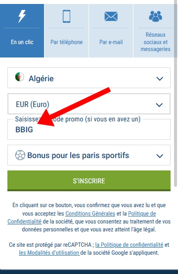 Formulaire d'inscription à 1xbet