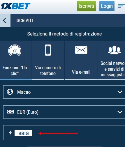 1xbet modulo di registrazione