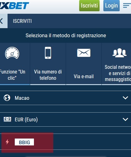 1xbet modulo di registrazione