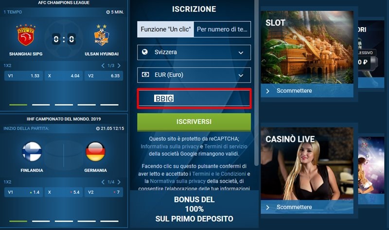 1xbet modulo di registrazione