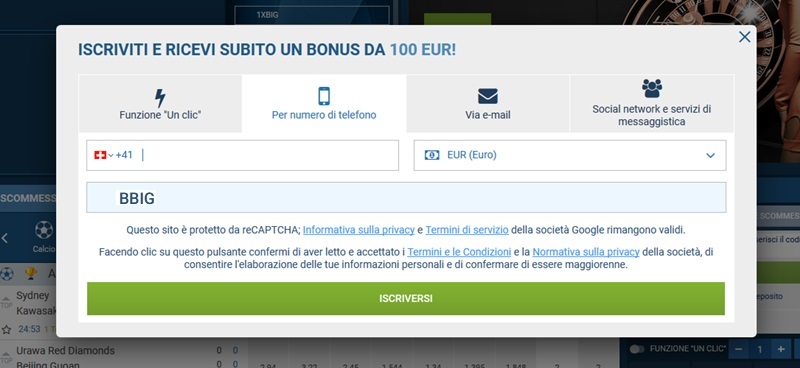 1xbet modulo di registrazione