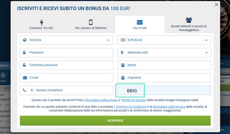 1xbet modulo di registrazione