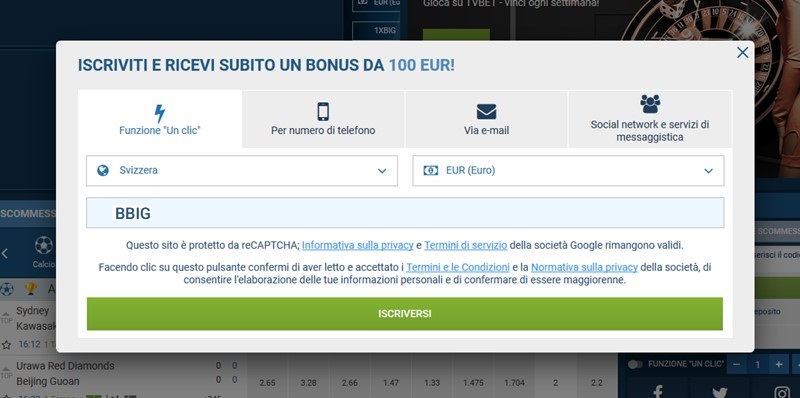 1xbet modulo di registrazione