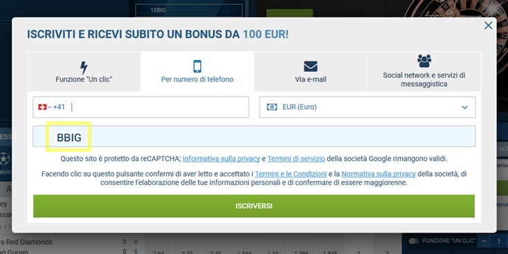 1xbet modulo di registrazione