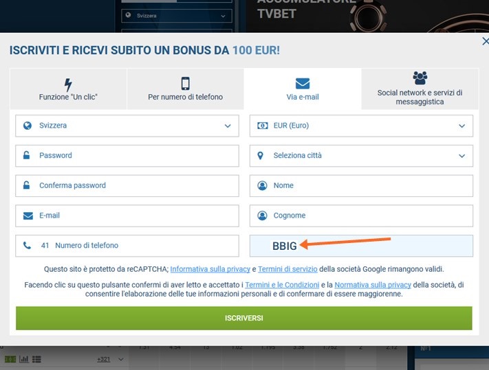 1xbet modulo di registrazione