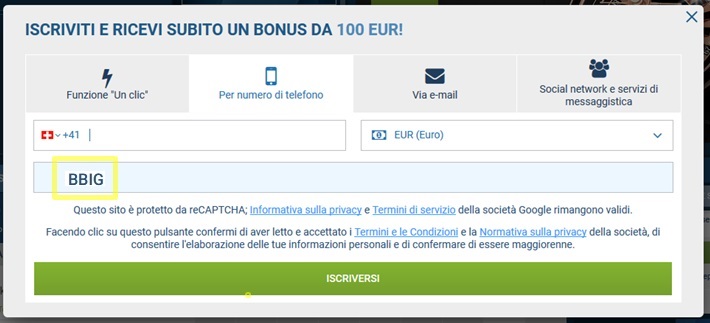 1xbet modulo di registrazione