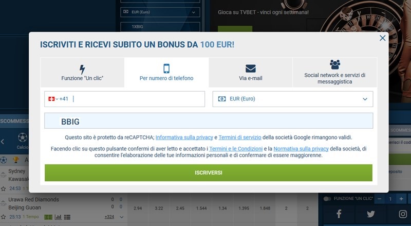 1xbet modulo di registrazione