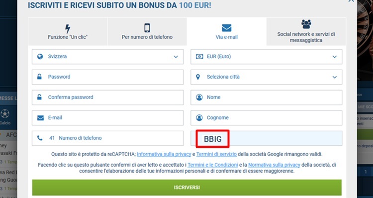 1xbet modulo di registrazione