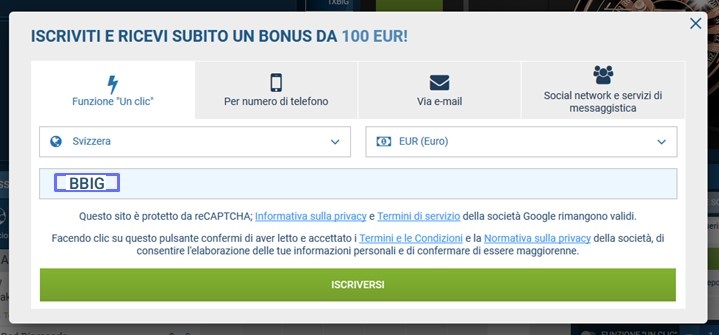 1xbet modulo di registrazione