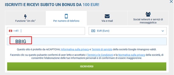 1xbet modulo di registrazione