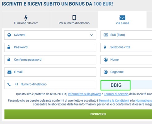 1xbet modulo di registrazione