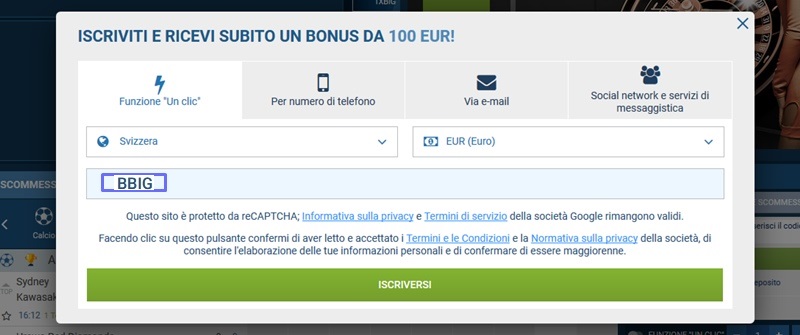 1xbet modulo di registrazione