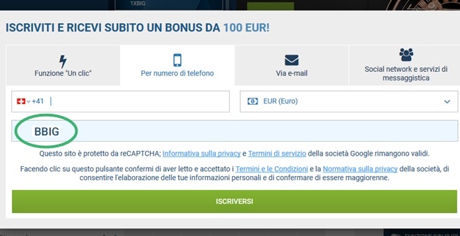 1xbet modulo di registrazione