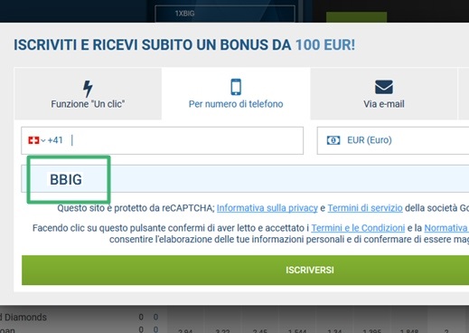 1xbet modulo di registrazione