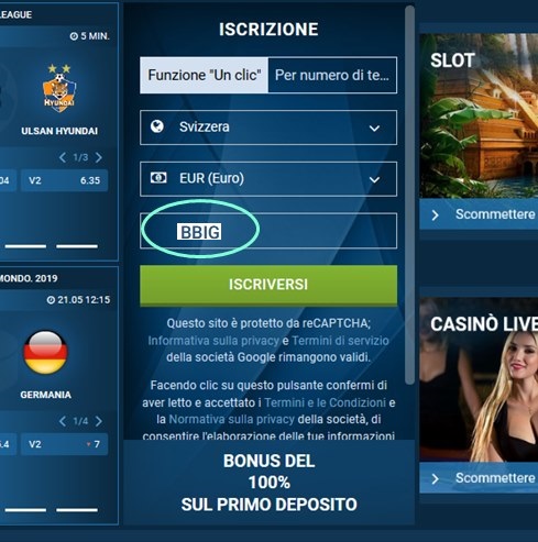 1xbet modulo di registrazione