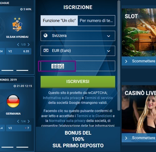 1xbet modulo di registrazione