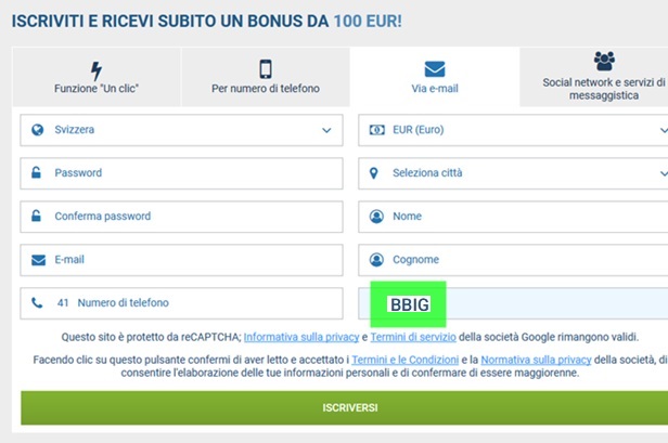 1xbet modulo di registrazione