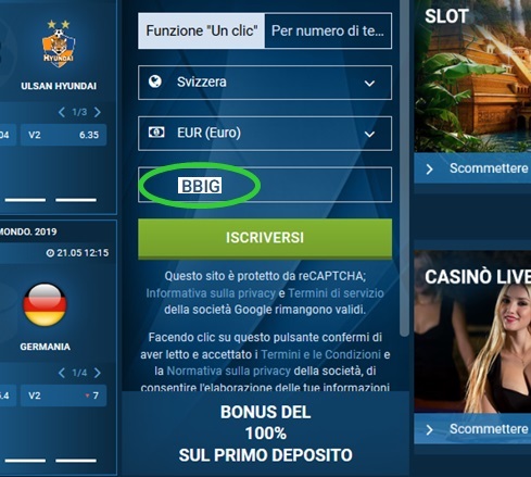 1xbet modulo di registrazione