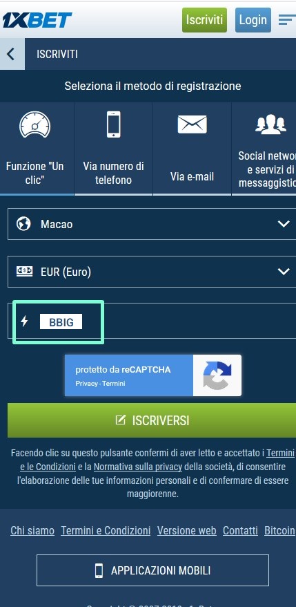 1xbet modulo di registrazione