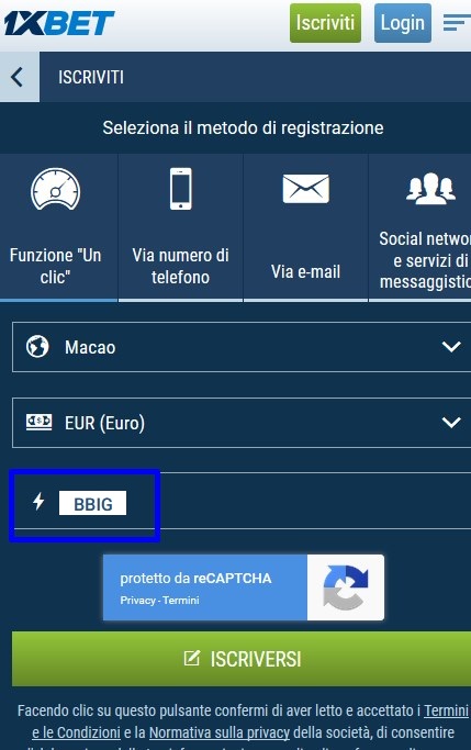 1xbet modulo di registrazione