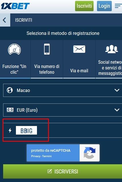 1xbet modulo di registrazione