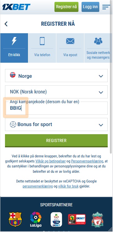 1xbet registreringsskjema