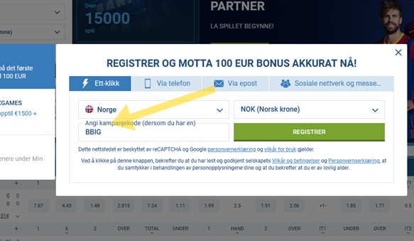 1xbet registreringsskjema