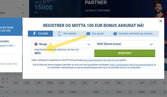 1xbet registreringsskjema