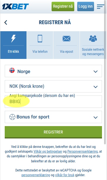 1xbet registreringsskjema