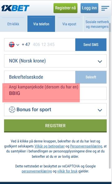 1xbet registreringsskjema