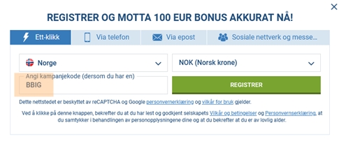 1xbet registreringsskjema