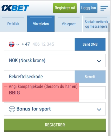 1xbet registreringsskjema