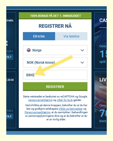 1xbet registreringsskjema