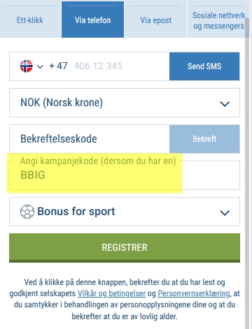 1xbet registreringsskjema