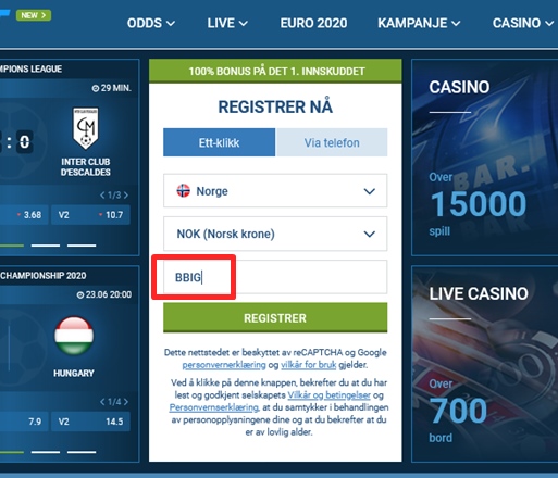 1xbet registreringsskjema