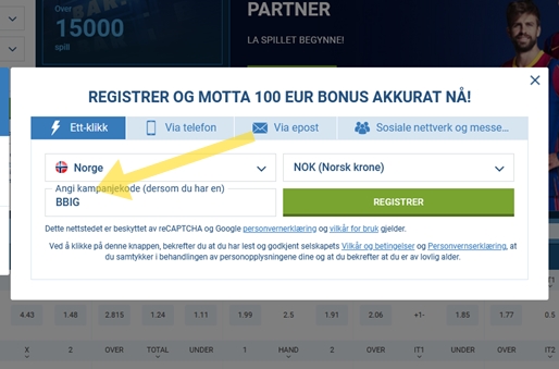 1xbet registreringsskjema