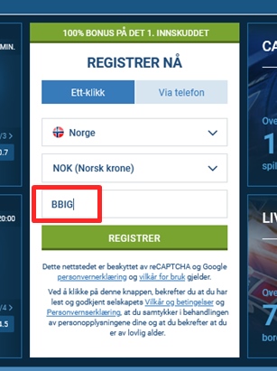 1xbet registreringsskjema