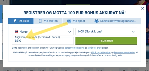 1xbet registreringsskjema