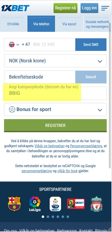 1xbet registreringsskjema