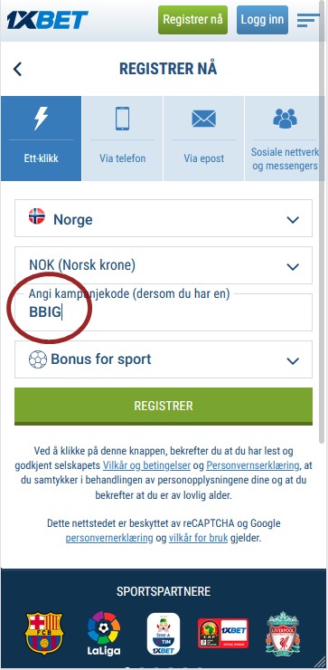 1xbet registreringsskjema