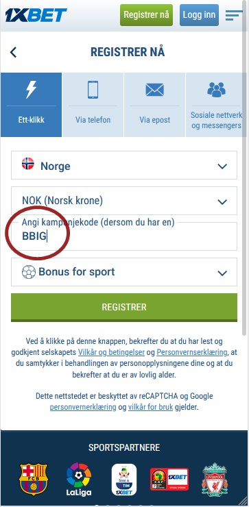 1xbet registreringsskjema