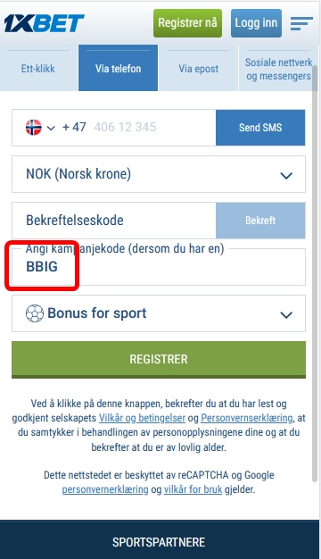 1xbet registreringsskjema