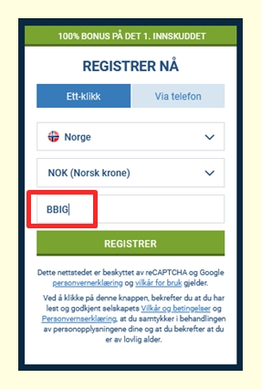 1xbet registreringsskjema