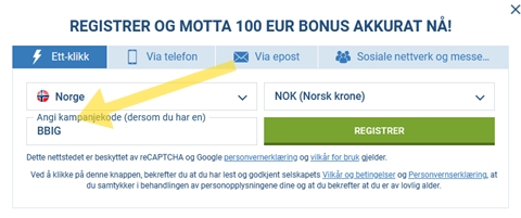 1xbet registreringsskjema