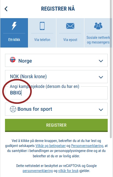 1xbet registreringsskjema